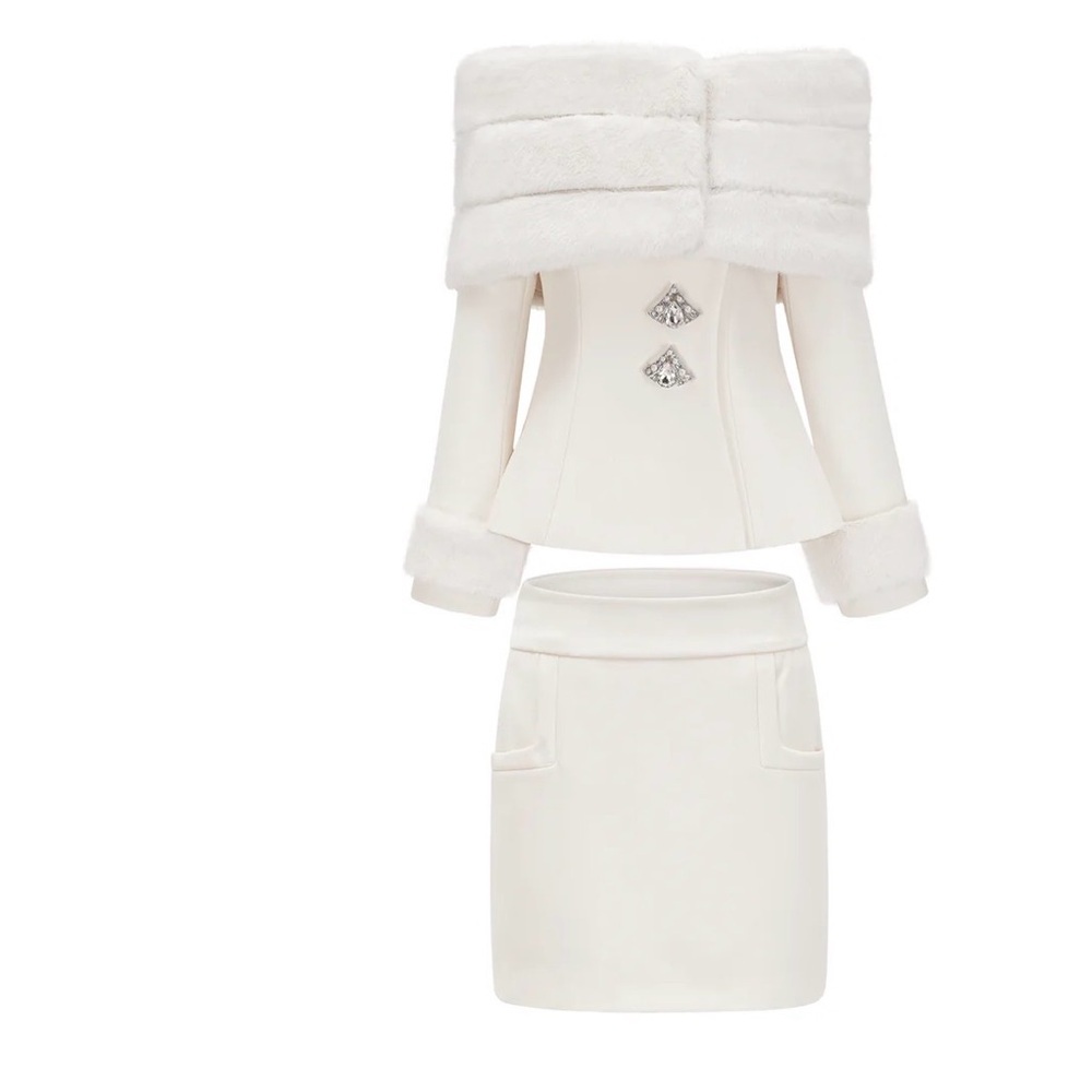 New Old Money Jessica Bara White Faux Fur Jacket and Matchinv Skirt size S - Picture 4 of 13